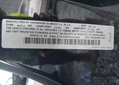 2011 Volkswagen Jetta 2.5L Sel from USA, damaged, VIN 3VWLX7AJ0BM324748